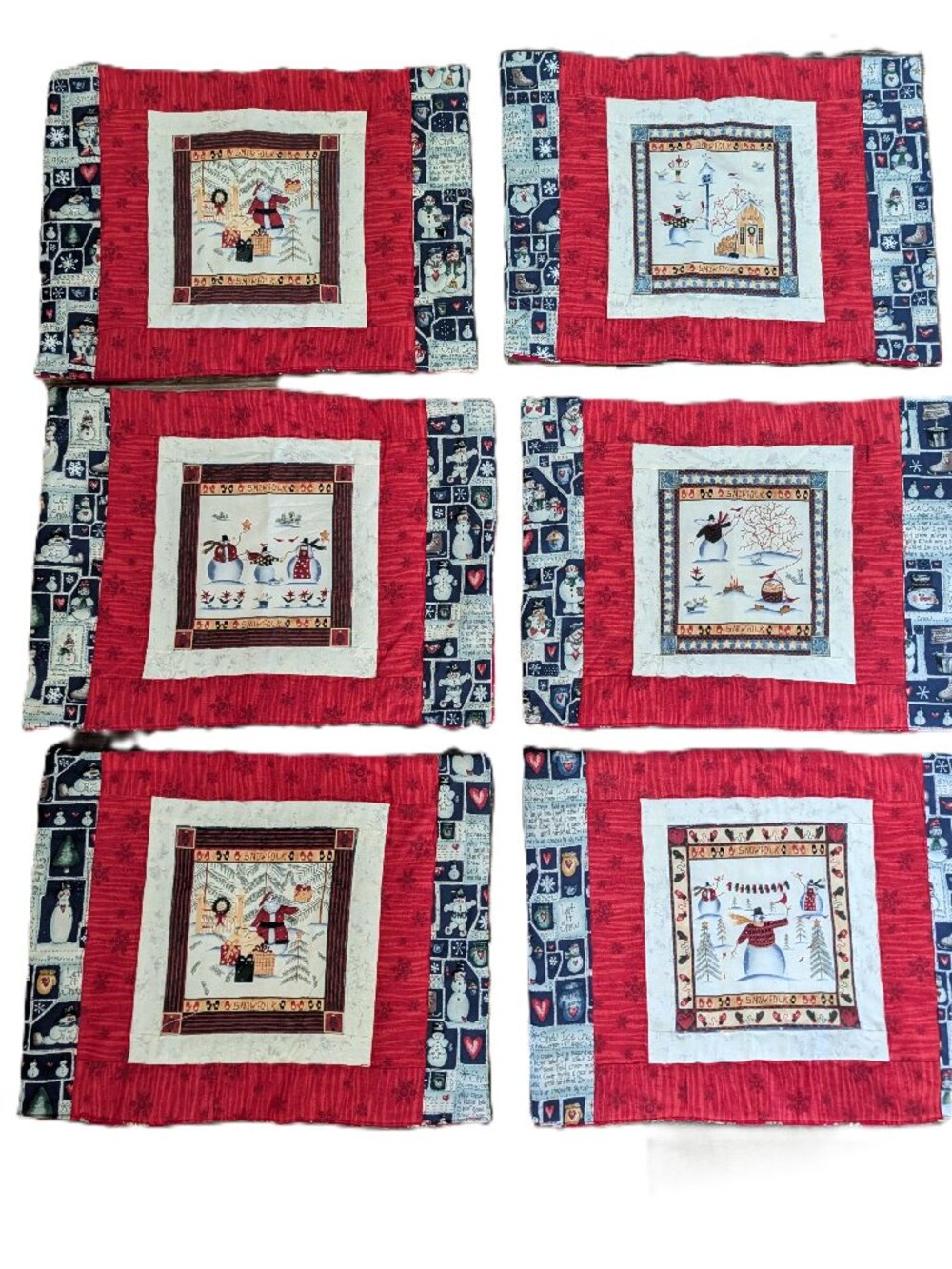 Set of 6 VTG Handmade Christmas Placemats Reversible Quilt Block Snowman Santa